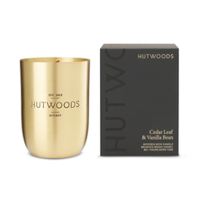 Load image into Gallery viewer, Cha Cha Chocolate Hutwoods Cedar Leaf & Vanilla Bean Candle with Seed Paper Luxury Brushed Brass Vessel