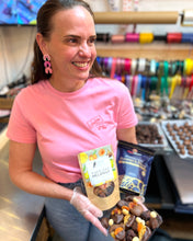 Load image into Gallery viewer, Cha Cha Chocolate and Singing Magpie Gourmet Chocolate Coated Fruit Platter Boxes beng held by Melanice the Owner